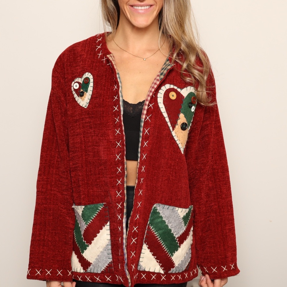 FOR BROOKE! VTGRed Patchwork Open Front Coat with Heart Accents and Deep Pockets - Picture 2 of 6